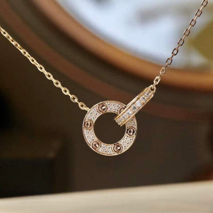 [Luxe Jewelry]LOVE 7.6MM NECKLACE ROSE GOLD AND SILVER  FULL DIAMOND