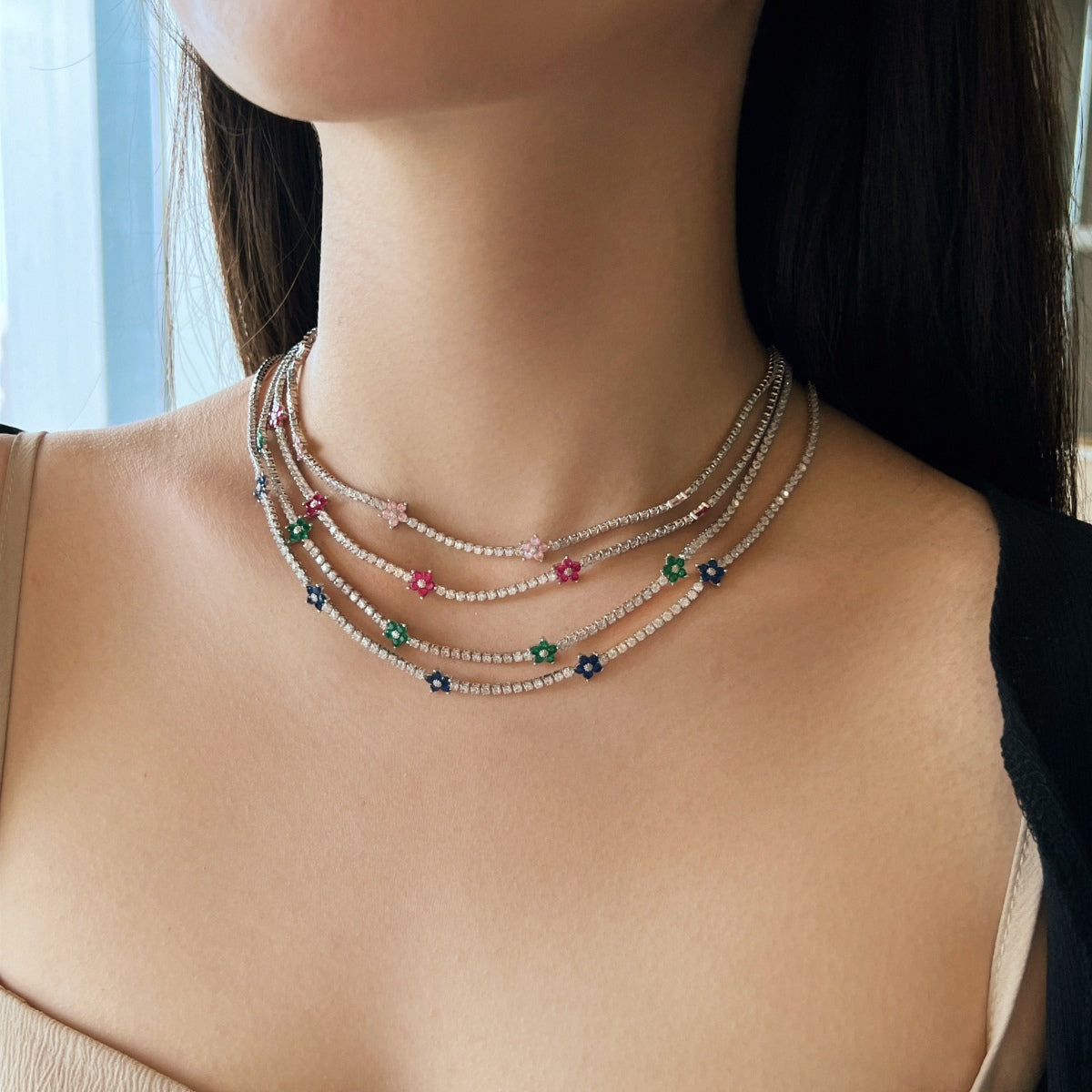 [Luxe Jewelry]Luxurious Colorful Flower Tennis Necklace