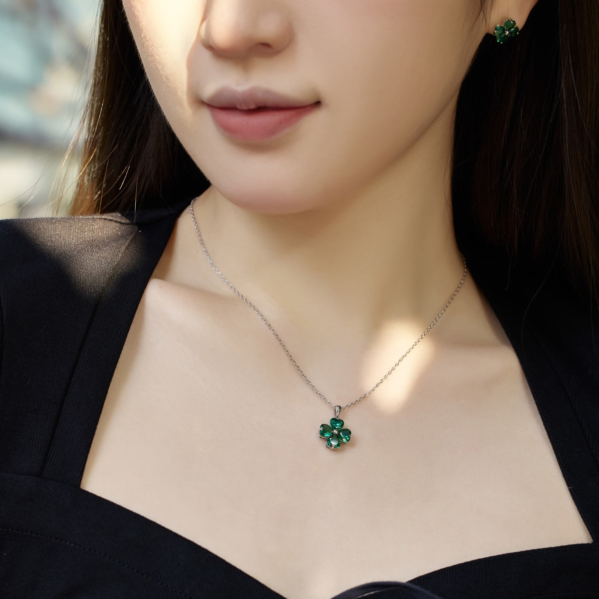 [Luxe Jewelry]Heart-Shaped Four-Leaf Clover Bead Necklace