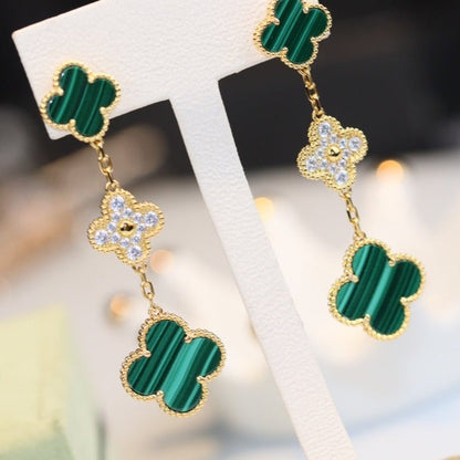 [Luxe Jewelry]CLOVER EARRINGS GOLD MALACHITE DIAMOND 3 MOTIF