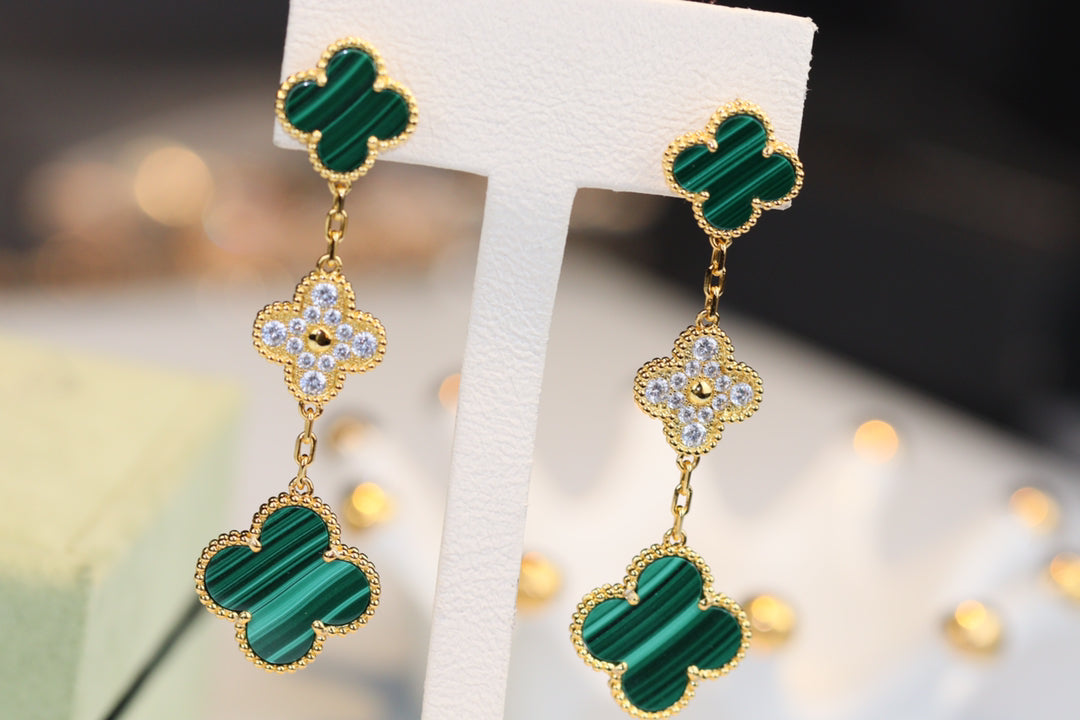 [Luxe Jewelry]CLOVER EARRINGS GOLD MALACHITE DIAMOND 3 MOTIF