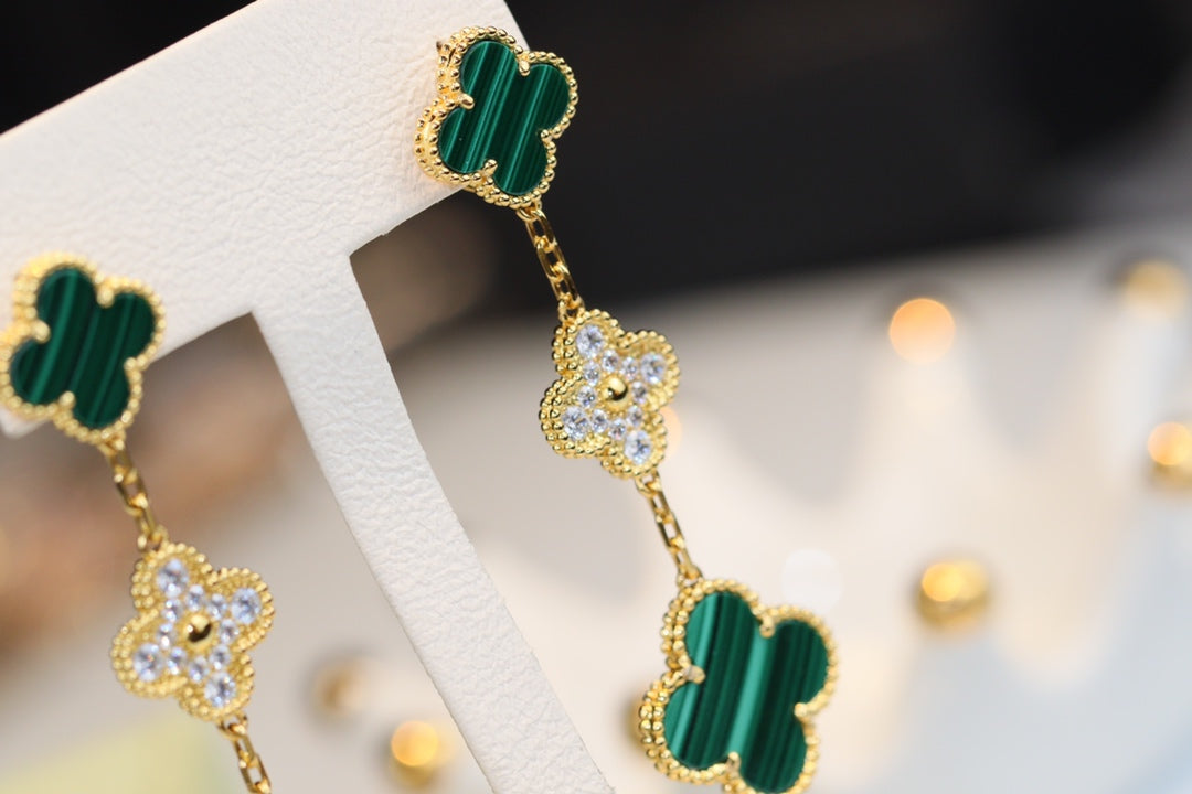 [Luxe Jewelry]CLOVER EARRINGS GOLD MALACHITE DIAMOND 3 MOTIF