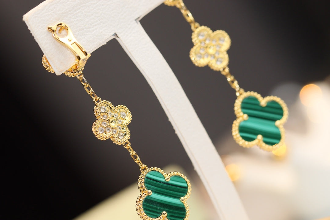 [Luxe Jewelry]CLOVER EARRINGS GOLD MALACHITE DIAMOND 3 MOTIF
