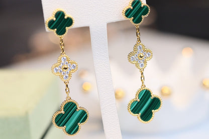 [Luxe Jewelry]CLOVER EARRINGS GOLD MALACHITE DIAMOND 3 MOTIF