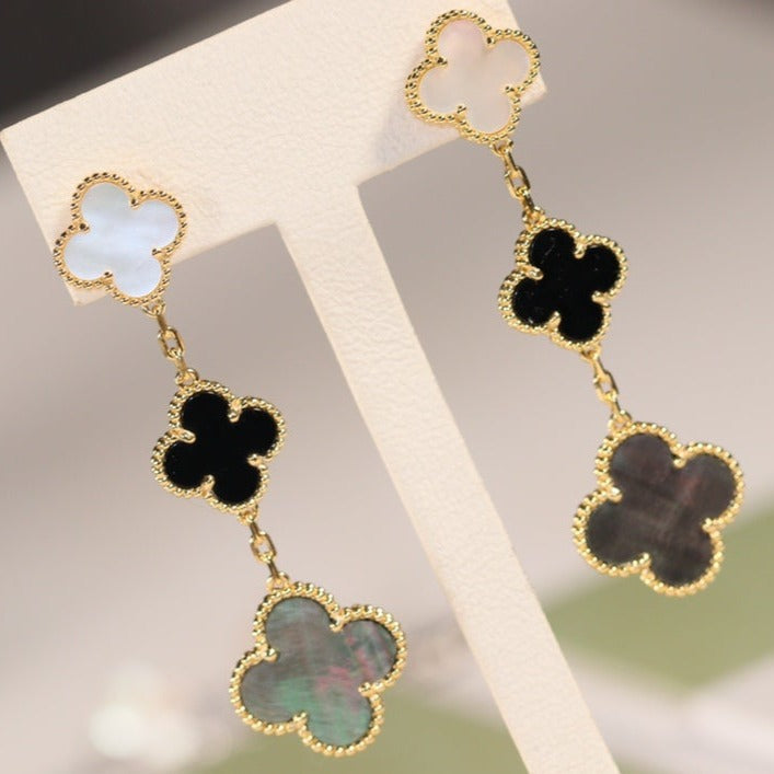 [Luxe Jewelry]CLOVER EARRINGS GOLD ONYX MOP 3 MOTIF
