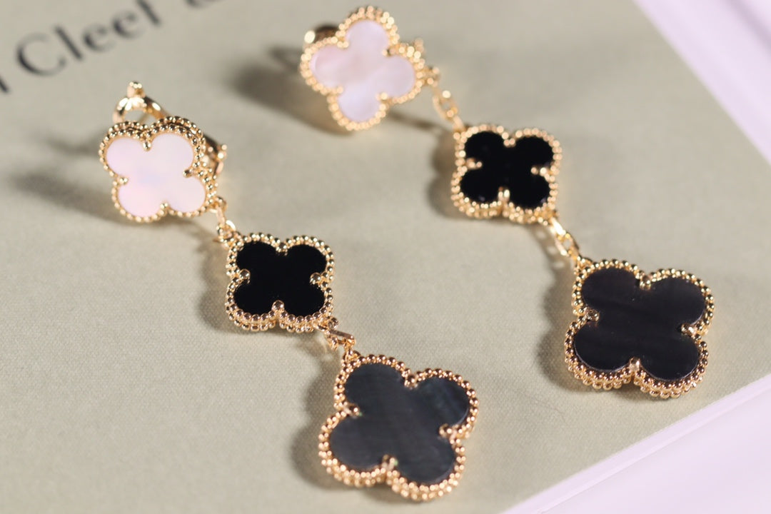 [Luxe Jewelry]CLOVER EARRINGS GOLD ONYX MOP 3 MOTIF