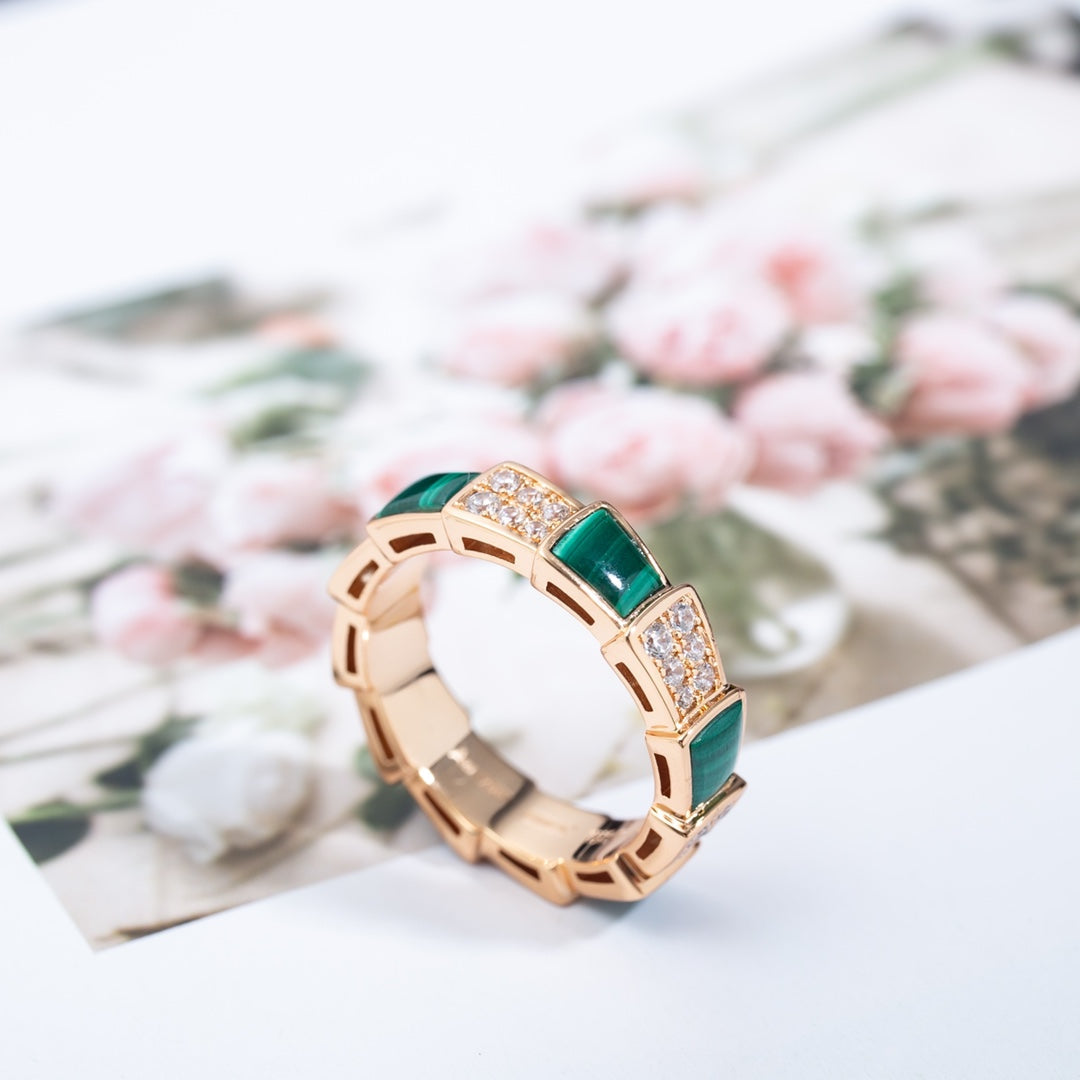 [Luxe Jewelry]SERPENTI RING PINK GOLD MALACHITE DIAMOND PAVED 4MM
