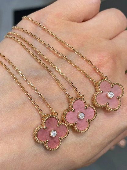 [Luxe Jewelry]CLOVER 15MM DIAMOND RHODONITE NECKLACE