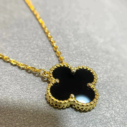 [Luxe Jewelry]CLOVER 15MM BLACK ONYX SINGLE FLOWER NECKLACE