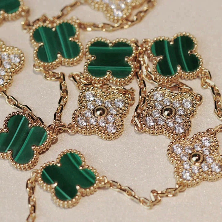 [Luxe Jewelry]CLOVER 20 MOTIFS MALACHITE DIAMOND NECKLACE