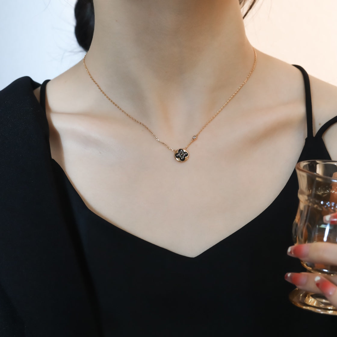 [Luxe Jewelry]SUN PEDANT PINK GOLD 1 DIAMOND NECKLACE