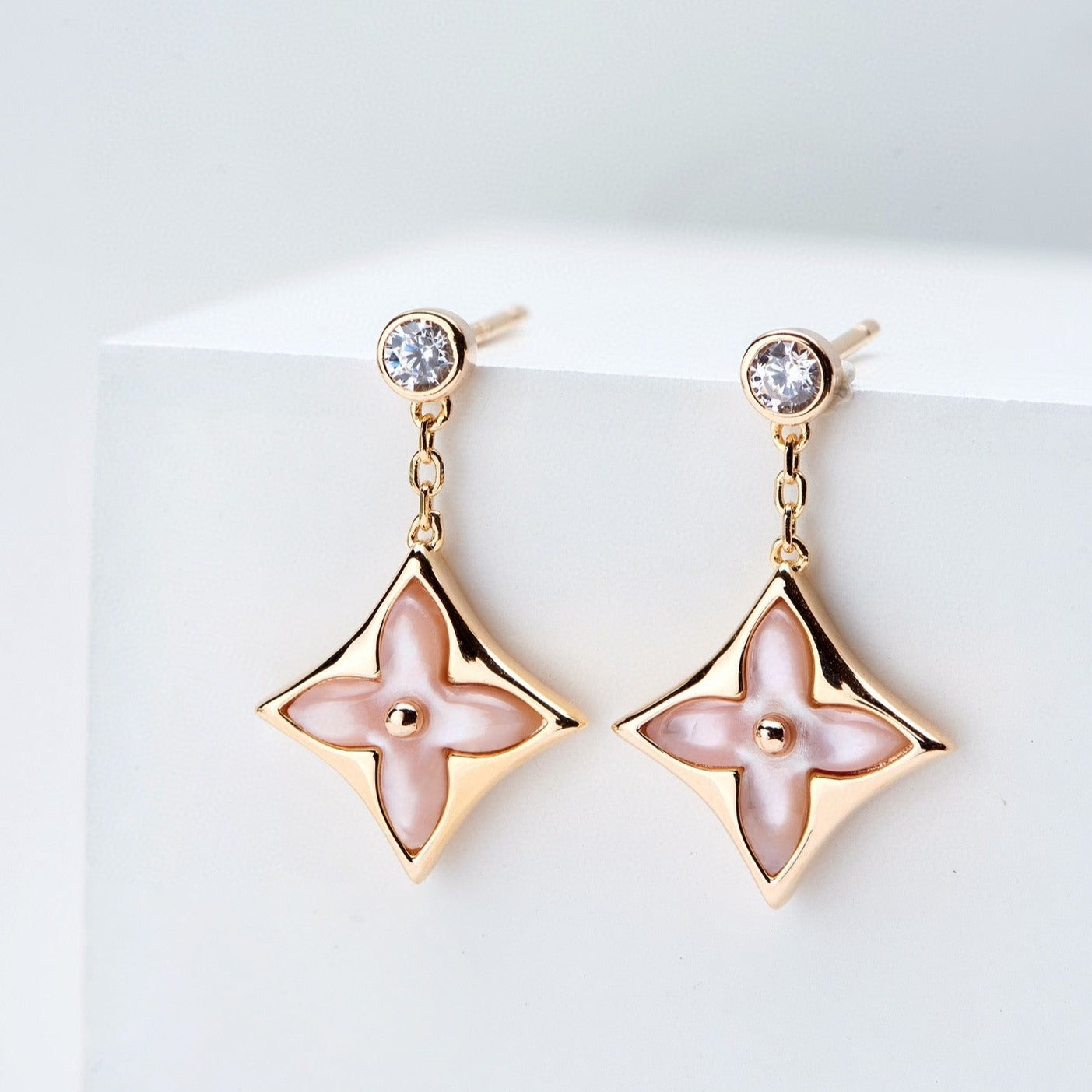 [Luxe Jewelry]DOUBLE STAR PINK GOLD MOP DROP EARRINGS