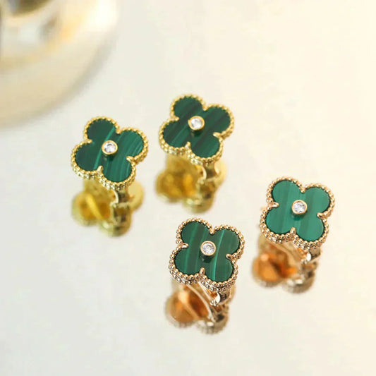 [Luxe Jewelry]CLOVER MEDIUM 1 MOTIFS MALACHITE DIAMOND EARRINGS