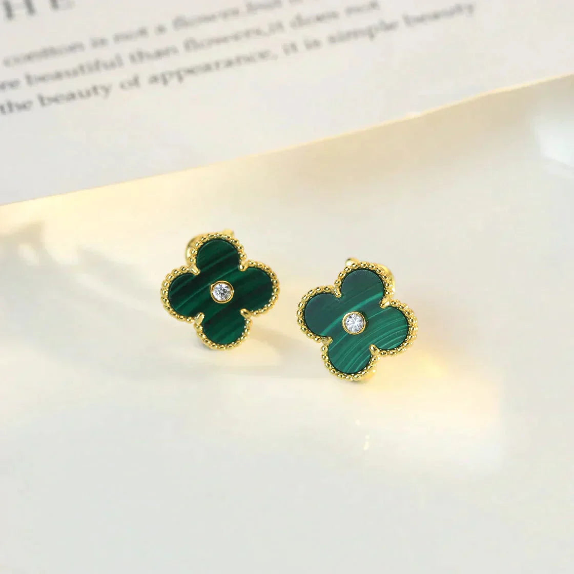 [Luxe Jewelry]CLOVER MEDIUM 1 MOTIFS MALACHITE DIAMOND EARRINGS