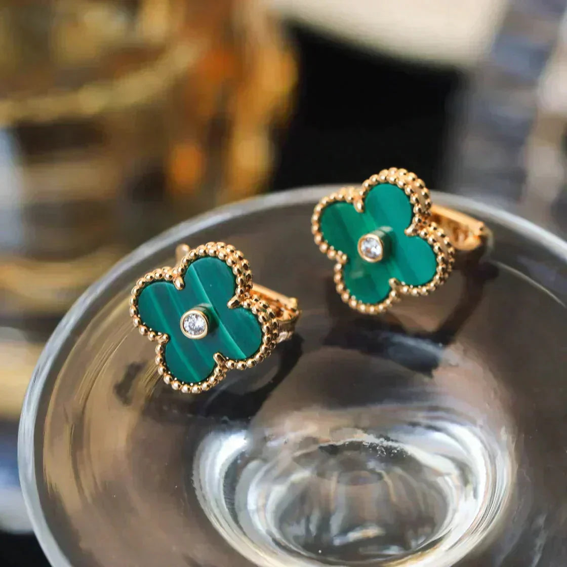 [Luxe Jewelry]CLOVER MEDIUM 1 MOTIFS MALACHITE DIAMOND EARRINGS