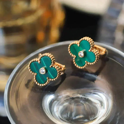 [Luxe Jewelry]CLOVER MEDIUM 1 MOTIFS MALACHITE DIAMOND EARRINGS