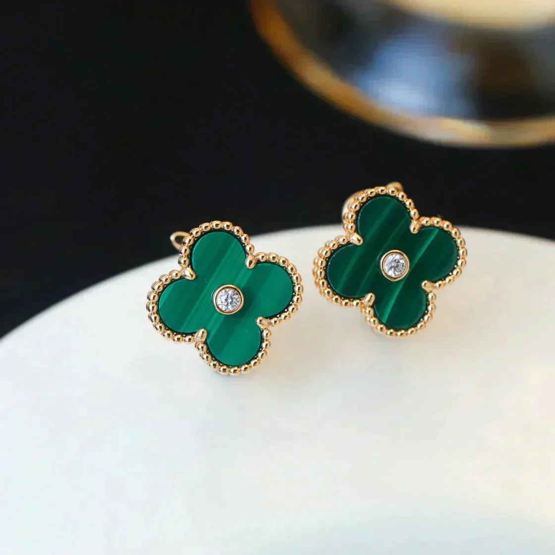 [Luxe Jewelry]CLOVER MEDIUM 1 MOTIFS MALACHITE DIAMOND EARRINGS
