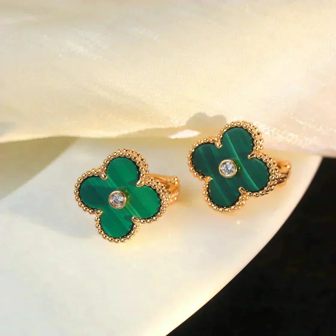 [Luxe Jewelry]CLOVER MEDIUM 1 MOTIFS MALACHITE DIAMOND EARRINGS