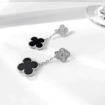 [Luxe Jewelry]CLOVER 2 MOTIFS  DIAMOND ONYX EARRINGS SILVER