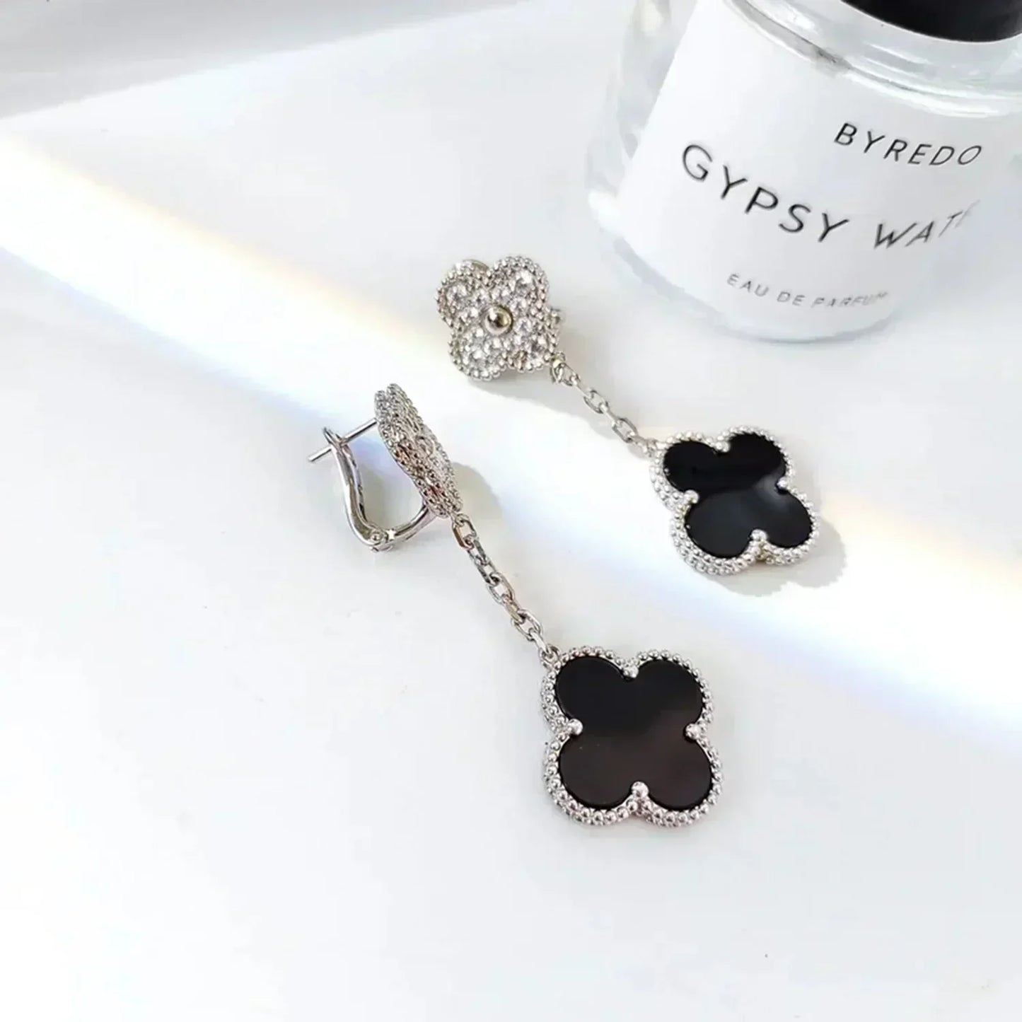 [Luxe Jewelry]CLOVER 2 MOTIFS  DIAMOND ONYX EARRINGS SILVER
