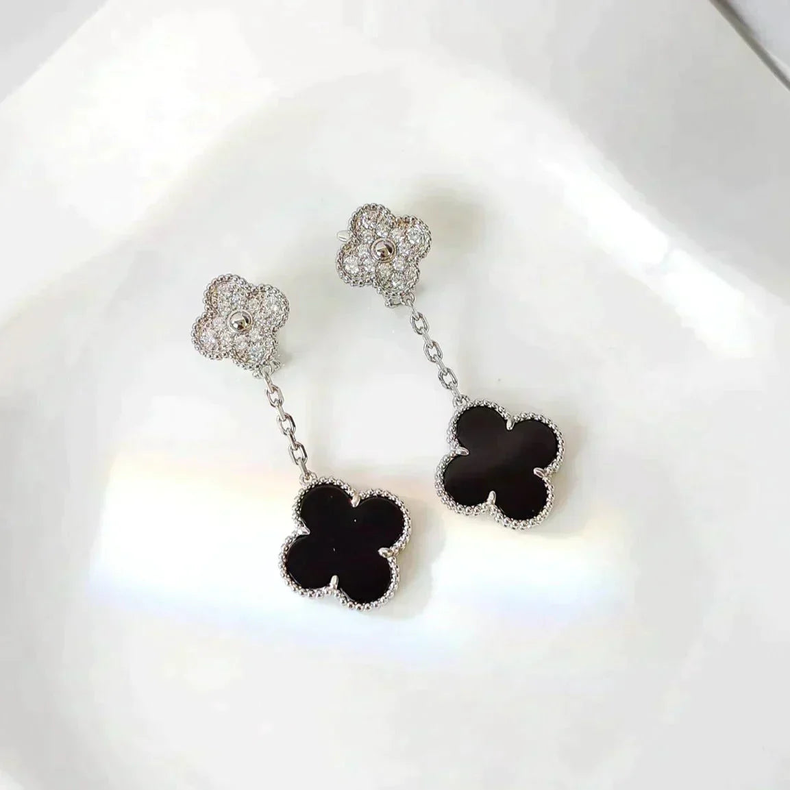 [Luxe Jewelry]CLOVER 2 MOTIFS  DIAMOND ONYX EARRINGS SILVER