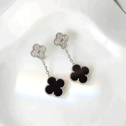 [Luxe Jewelry]CLOVER 2 MOTIFS  DIAMOND ONYX EARRINGS SILVER
