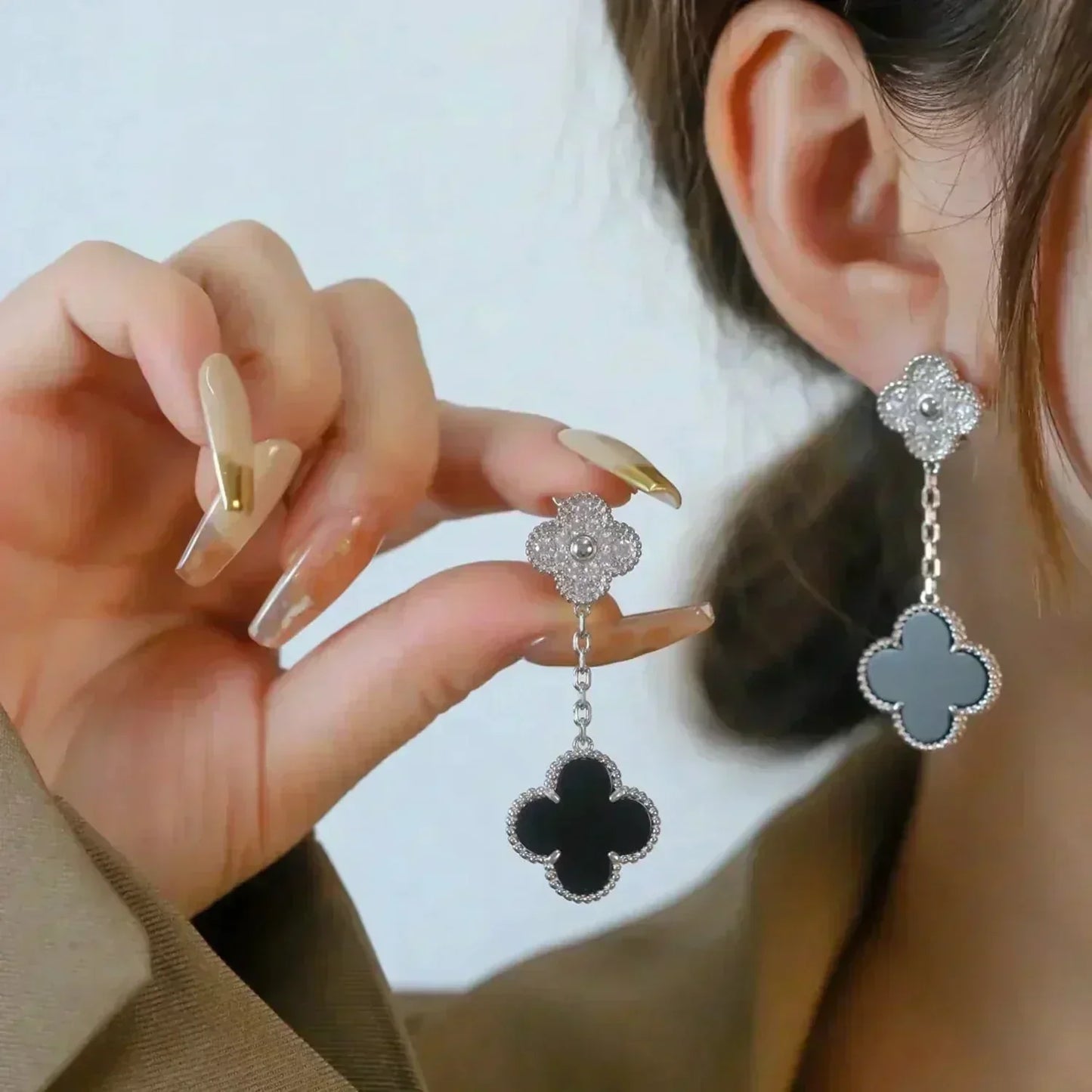 [Luxe Jewelry]CLOVER 2 MOTIFS  DIAMOND ONYX EARRINGS SILVER