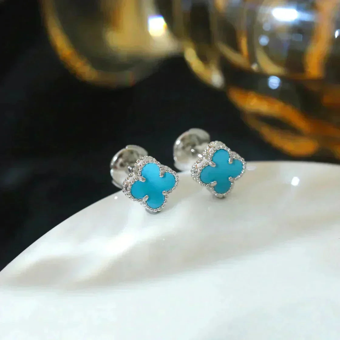 [Luxe Jewelry]CLOVER MINI 9.5MM ONYX STUD EARRINGS SILVER