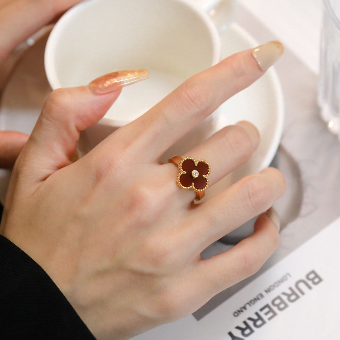 [Luxe Jewelry]CLOVER CARNELIAN RING ROSE GOLD DIAMOND