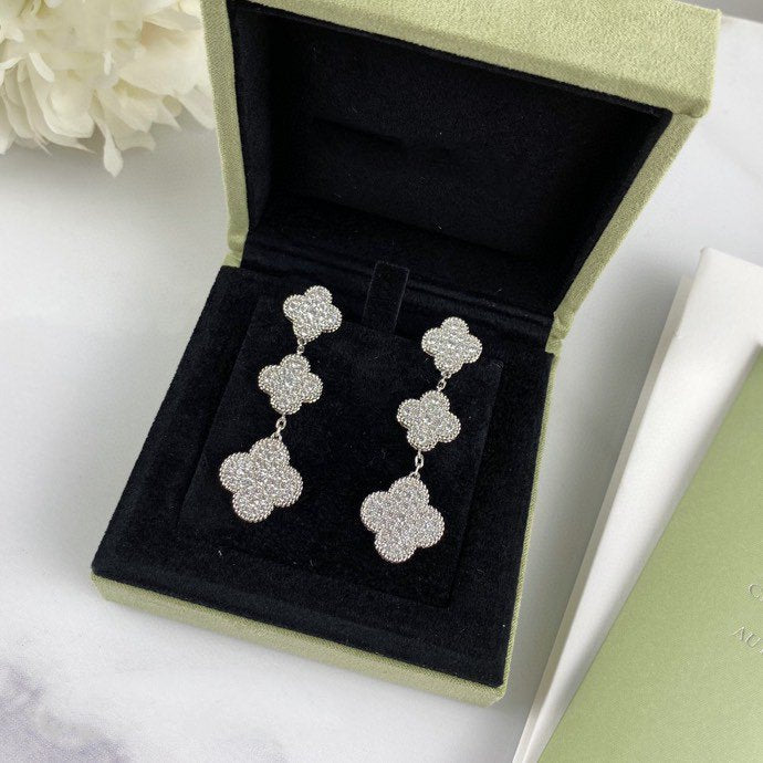 [Luxe Jewelry]CLOVER 3 MOTIF DIAMOND SILVER DROP EARRINGS