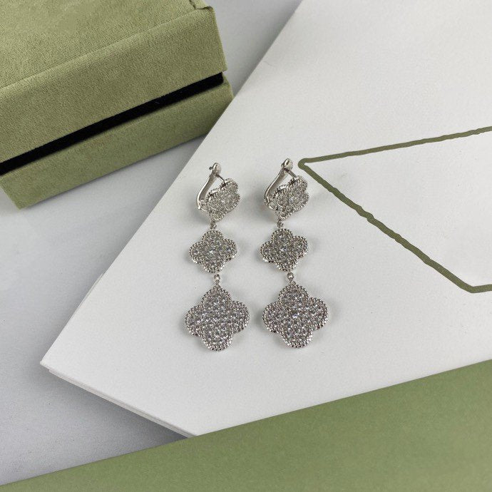 [Luxe Jewelry]CLOVER 3 MOTIF DIAMOND SILVER DROP EARRINGS
