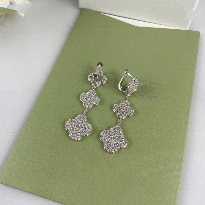 [Luxe Jewelry]CLOVER 3 MOTIF DIAMOND SILVER DROP EARRINGS