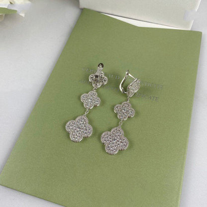 [Luxe Jewelry]CLOVER 3 MOTIF DIAMOND SILVER DROP EARRINGS