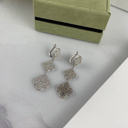 [Luxe Jewelry]CLOVER 3 MOTIF DIAMOND SILVER DROP EARRINGS