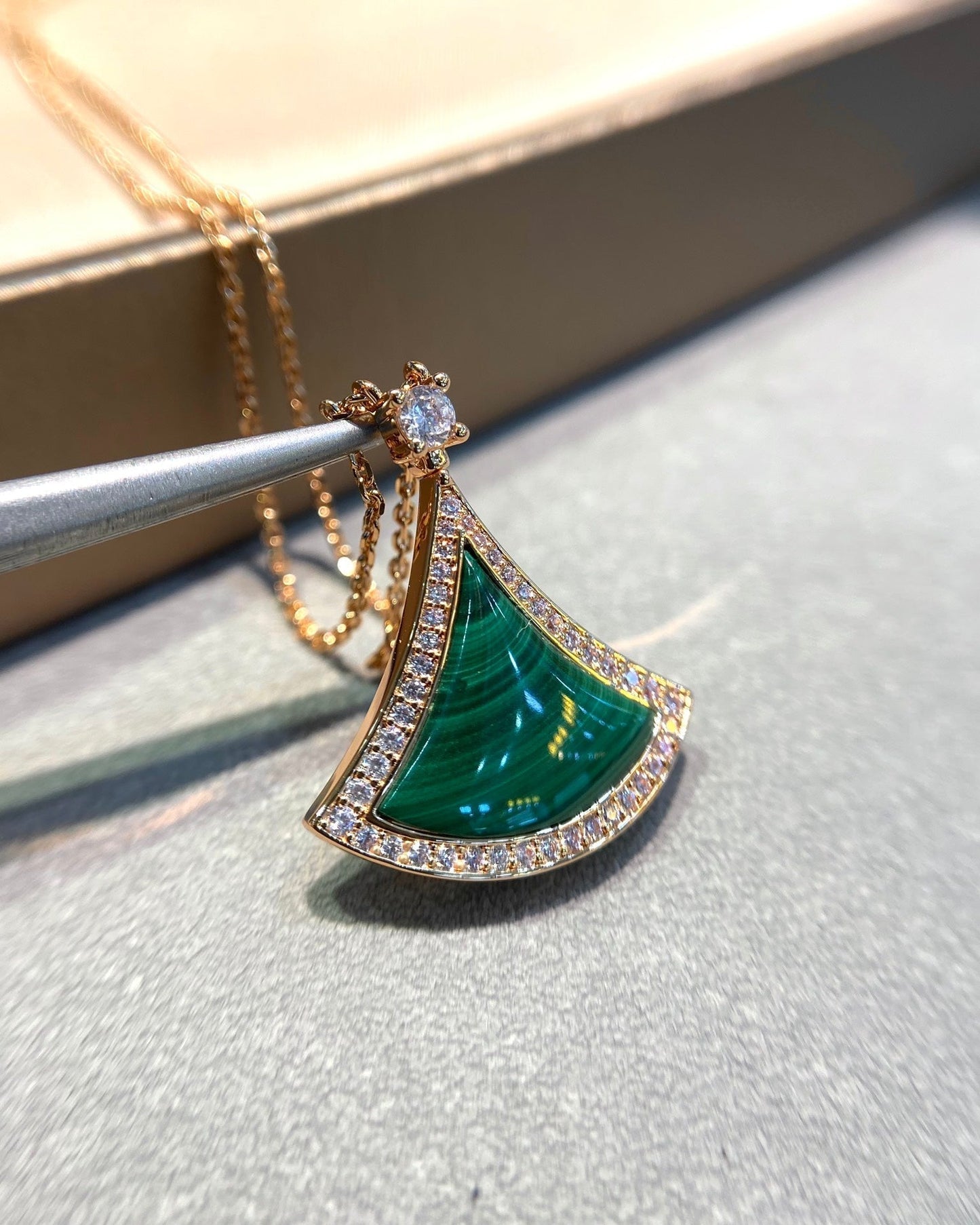 [Luxe Jewelry]DREAM MALACHITE DIAMOND PAVED PINK GOLD NECKLACE