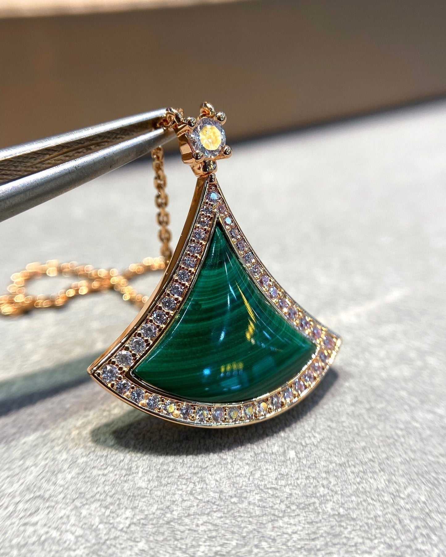 [Luxe Jewelry]DREAM MALACHITE DIAMOND PAVED PINK GOLD NECKLACE