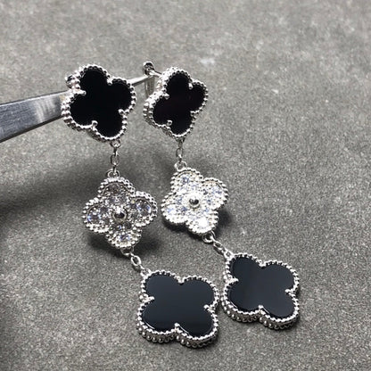 [Luxe Jewelry]CLOVER 3 MOTIF DIAMOND ONYX SILVER EARRINGS