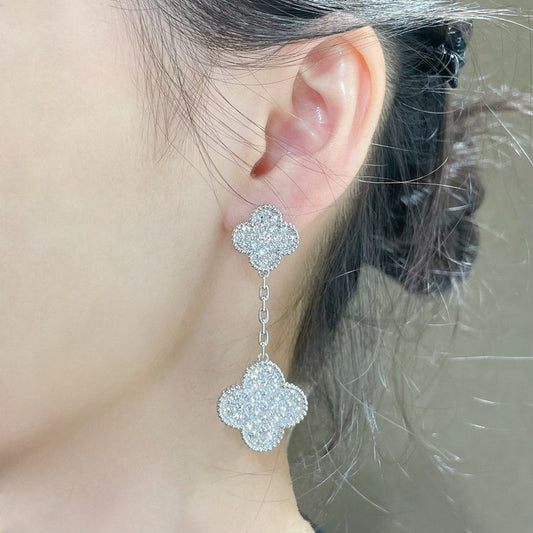 [Luxe Jewelry]CLOVER 2 MOTIFS DIAMOND PAVED SILVER EARRINGS