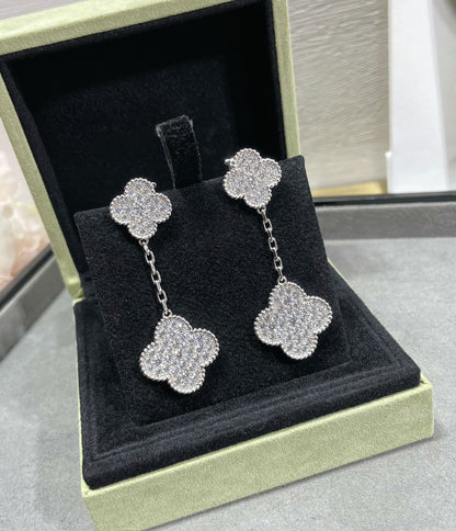 [Luxe Jewelry]CLOVER 2 MOTIFS DIAMOND PAVED SILVER EARRINGS