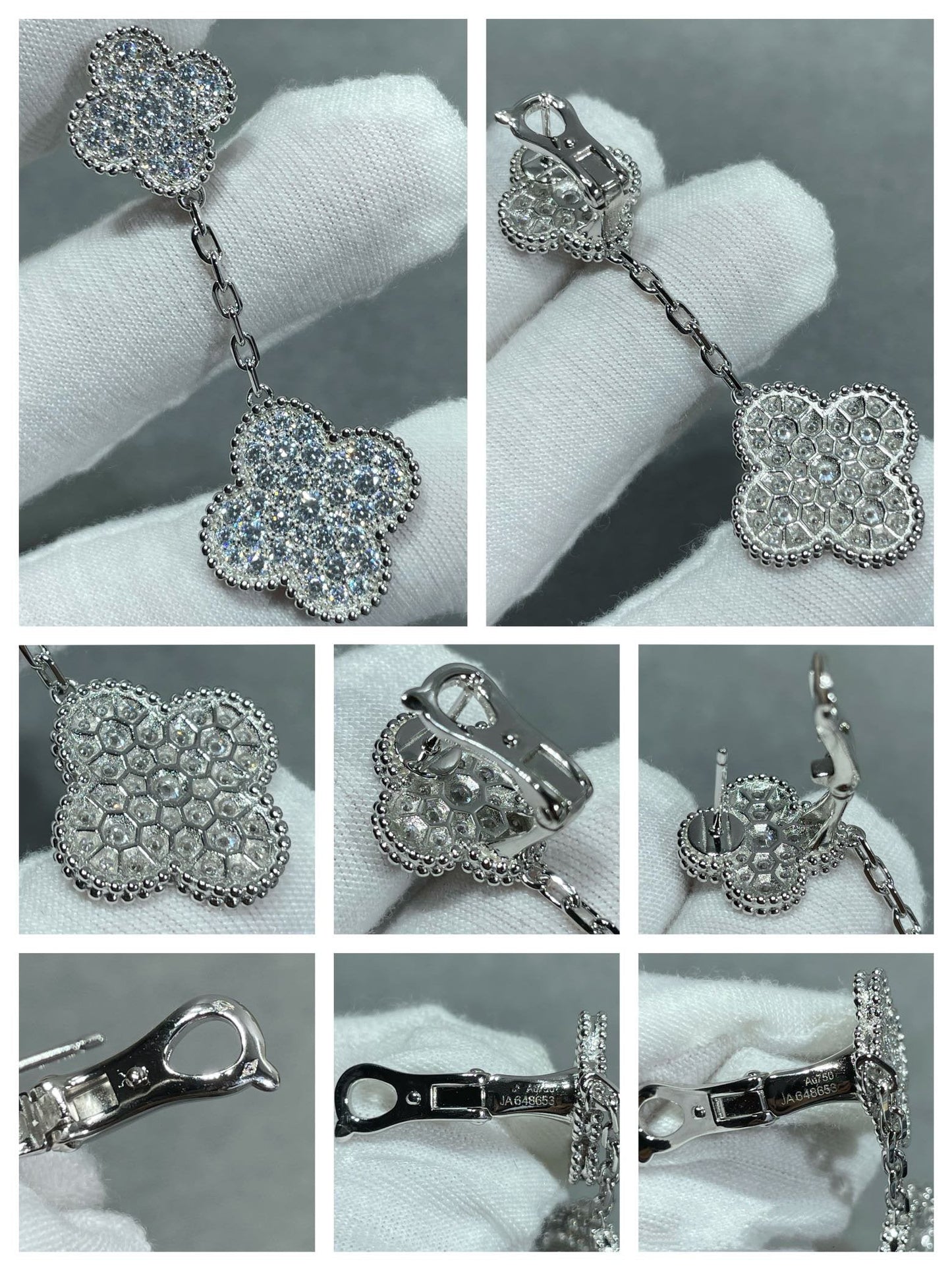 [Luxe Jewelry]CLOVER 2 MOTIFS DIAMOND PAVED SILVER EARRINGS