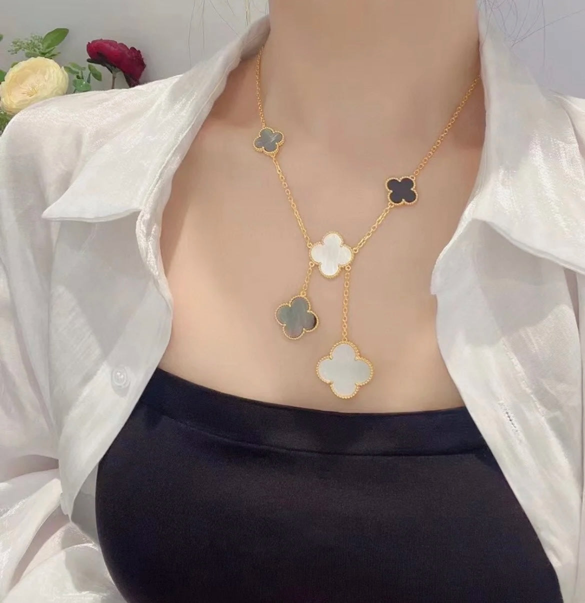 [Luxe Jewelry]CLOVER 6 MOTIF MOP ONYX GOLD NECKLACE
