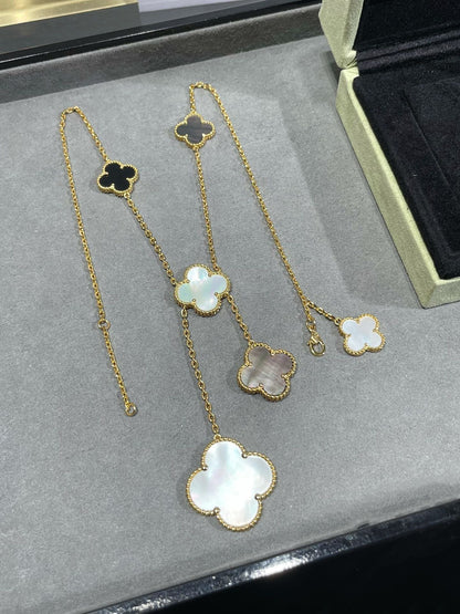 [Luxe Jewelry]CLOVER 6 MOTIF MOP ONYX GOLD NECKLACE