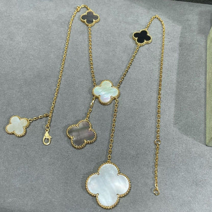 [Luxe Jewelry]CLOVER 6 MOTIF MOP ONYX GOLD NECKLACE