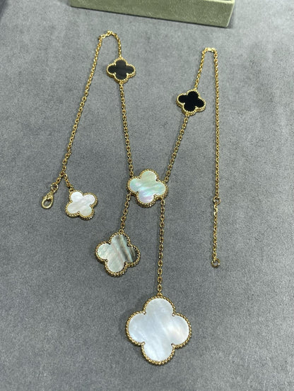 [Luxe Jewelry]CLOVER 6 MOTIF MOP ONYX GOLD NECKLACE