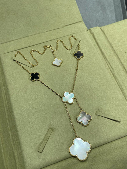[Luxe Jewelry]CLOVER 6 MOTIF MOP ONYX GOLD NECKLACE
