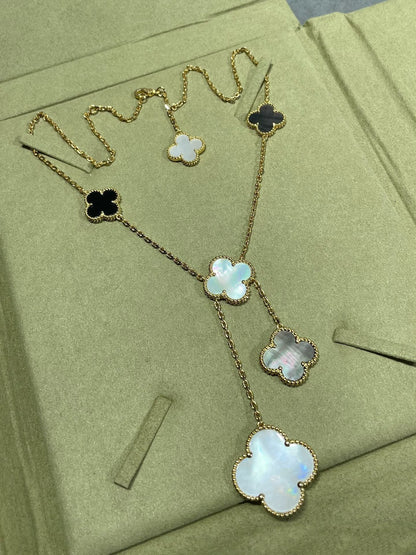 [Luxe Jewelry]CLOVER 6 MOTIF MOP ONYX GOLD NECKLACE