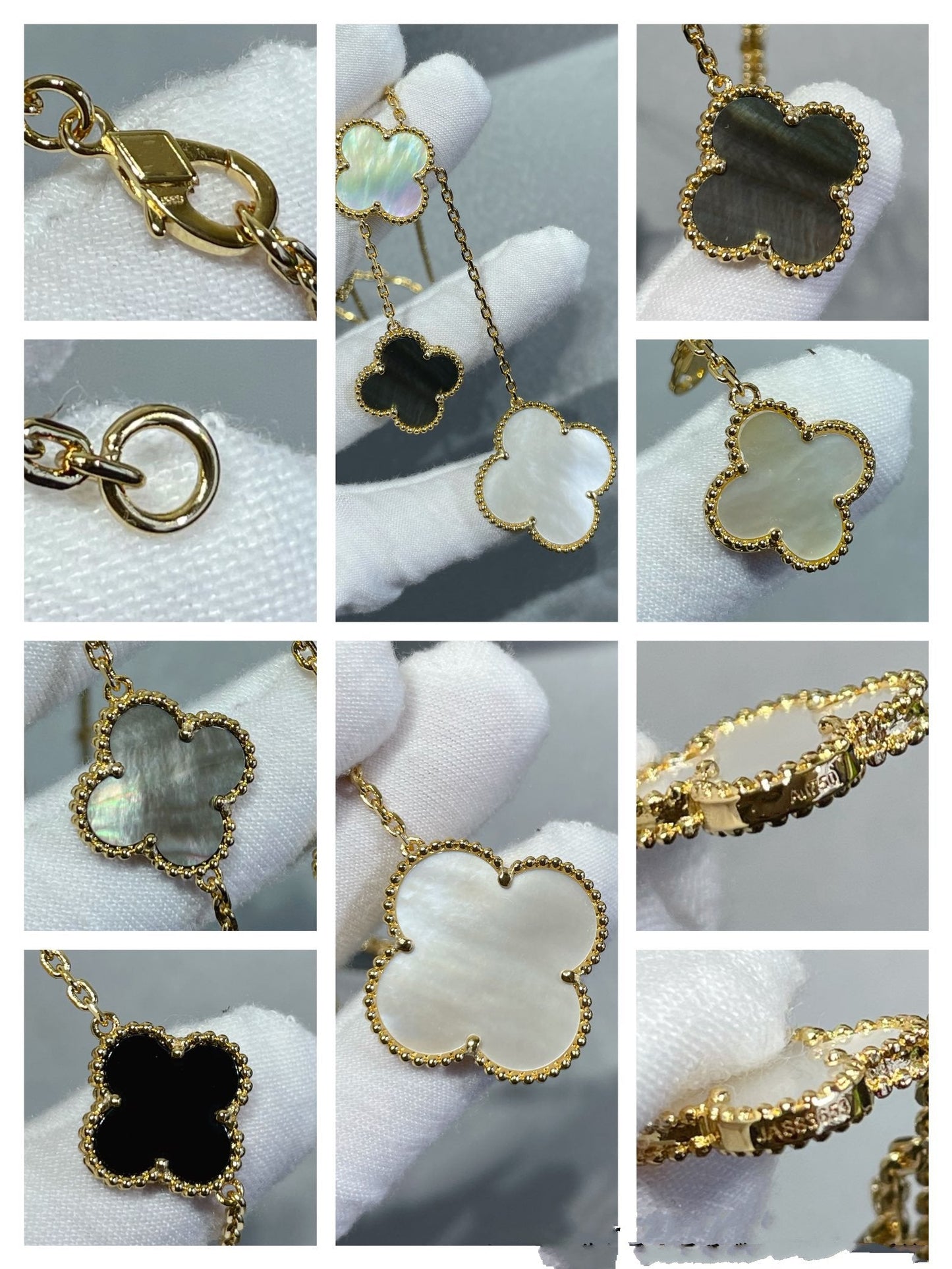 [Luxe Jewelry]CLOVER 6 MOTIF MOP ONYX GOLD NECKLACE
