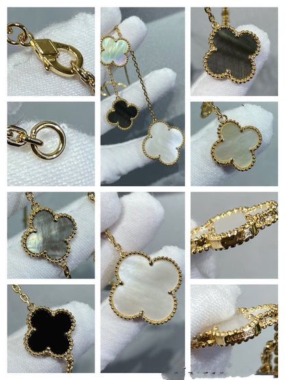 [Luxe Jewelry]CLOVER 6 MOTIF MOP ONYX GOLD NECKLACE