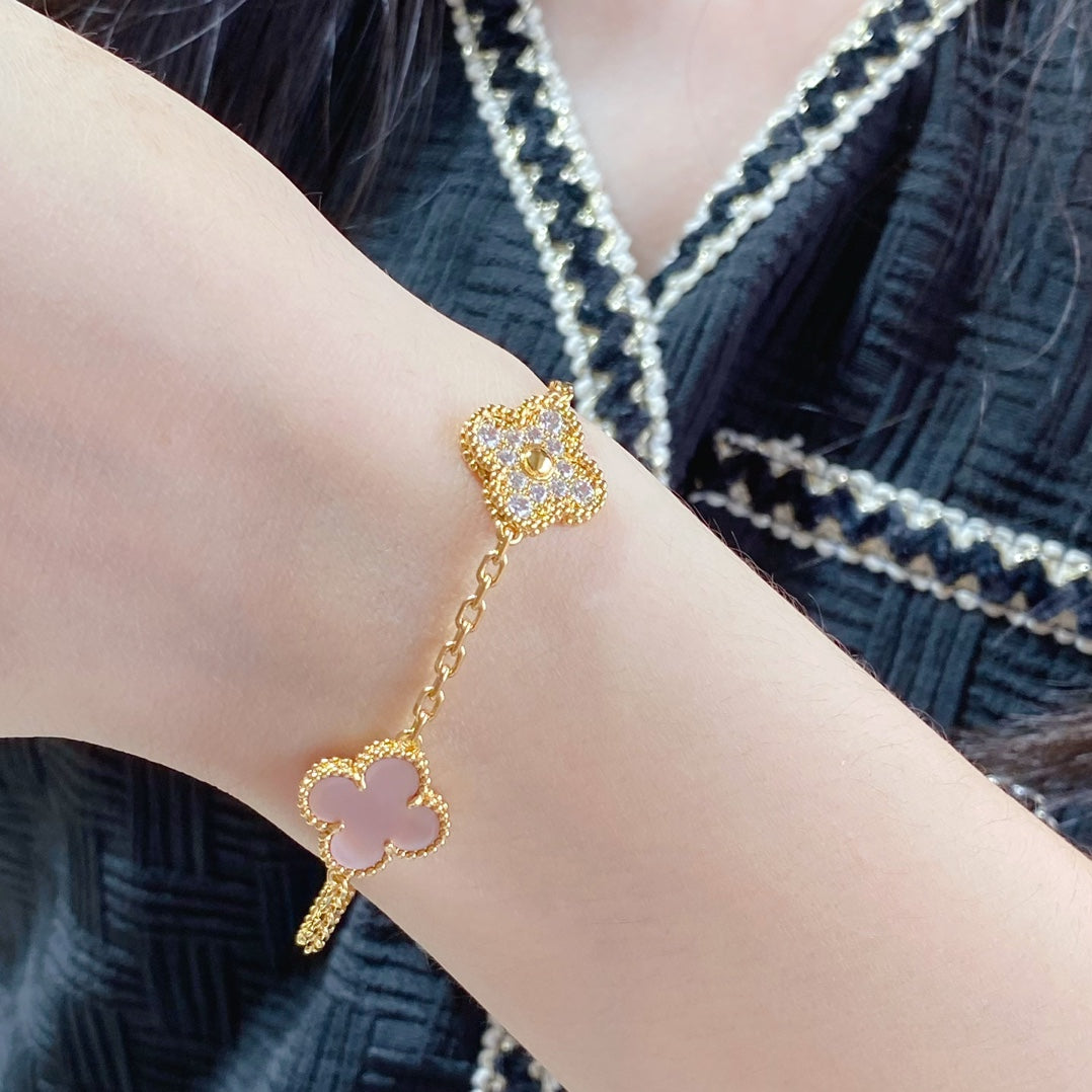 [Luxe Jewelry]CLOVER 5 MOTIF DIAMOND PINK MOP PINK GOLD BRACELET
