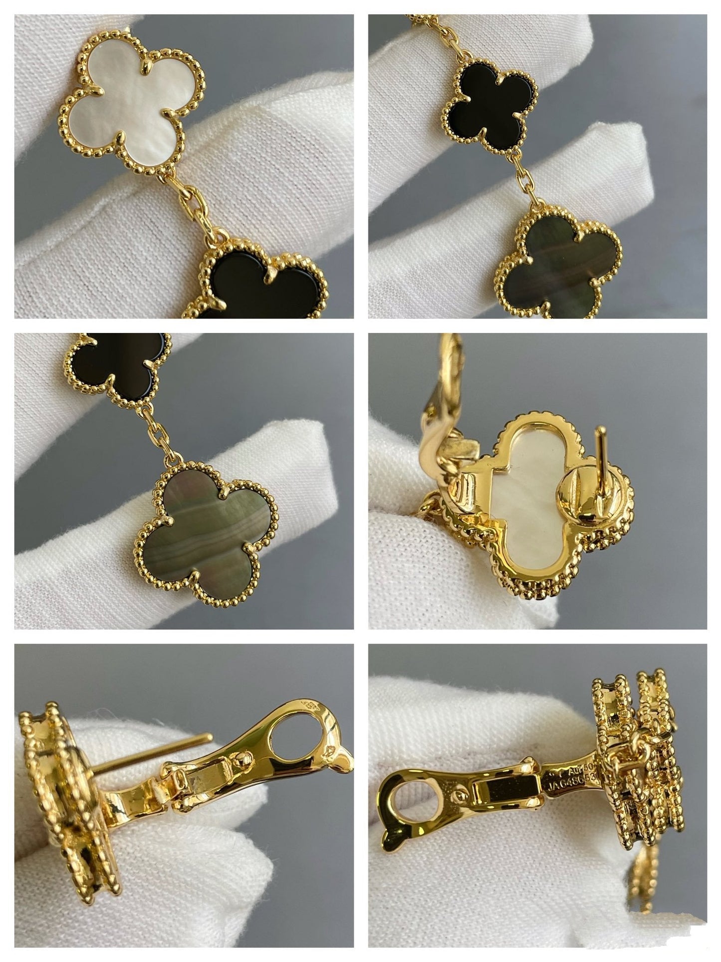 [Luxe Jewelry]CLOVER 3 MOTIF MOP ONYX DARK MOP PINK GOLD EARRINGS